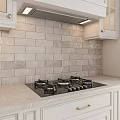 Modern White Kitchen Cabinets With Brick Backsplash Drawers And Gas Stove