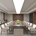 Modern Conference Room With Long Table Laptop Documents Chairs Natural Light And Green Plants