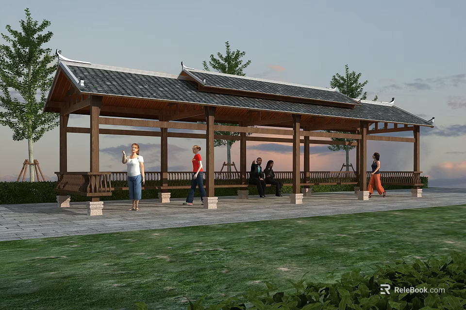 Traditional Style Outdoor Pavilion With Tiled Roof People Walking Resting And Green Lawn 3d model 