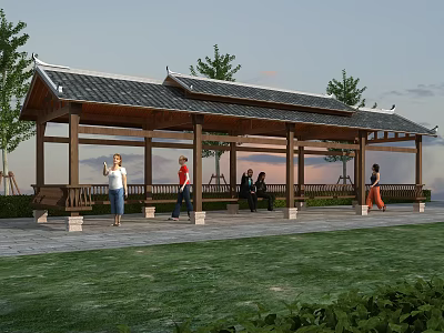 Traditional Style Outdoor Pavilion With Tiled Roof People Walking Resting And Green Lawn 3d model