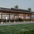 Traditional Style Outdoor Pavilion With Tiled Roof People Walking Resting And Green Lawn