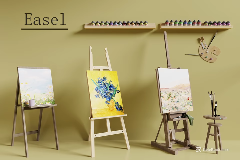 Easel And Art Painting Supplies With Colorful Paintings Pigment Bottles And Brushes 3d model 