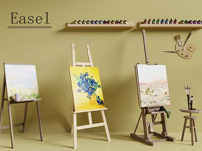 Easel And Art Painting Supplies With Colorful Paintings Pigment Bottles And Brushes 3d model