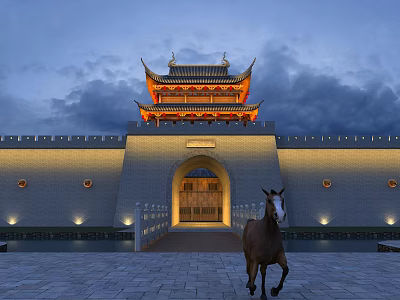 Ancient Chinese Architecture City Gate Tower With Traditional Roof And Horse At Dusk 3d model