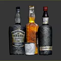 Various Colored Alcohol Bottles with Elegant Whiskey Glass on Dark Reflective Surface