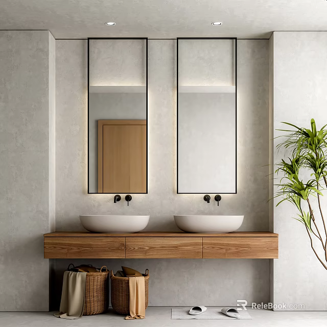 Modern Bathroom Vanity With Double Sinks Wooden Countertop Mirrors Above Gray Walls Potted Plant Baskets 3d model 