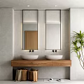 Modern Bathroom Vanity With Double Sinks Wooden Countertop Mirrors Above Gray Walls Potted Plant Baskets
