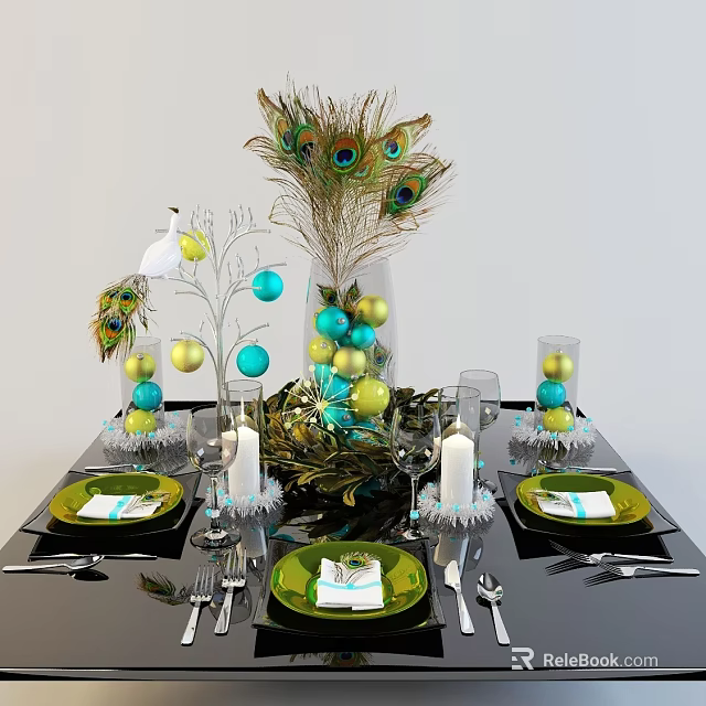 Elegant Dinnerware Set With Green Plates Peacock Feather Decor White Candles And Glassware 3d model 