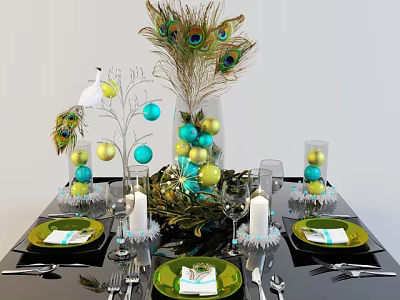Elegant Dinnerware Set With Green Plates Peacock Feather Decor White Candles And Glassware 3d model