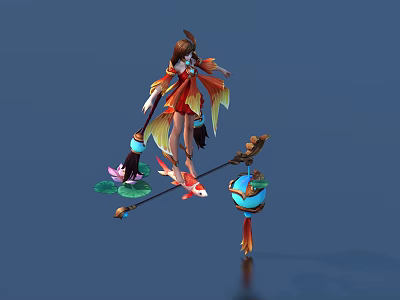 Game and Movie Character With Fox Ears Red Orange Outfit Flowing Wings And Decorative Lantern 3d model
