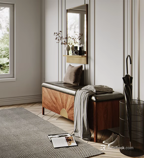 Wooden Frame Leather Cushion Bench With Throw Pillow And Rug In Entryway Interior 3d model 