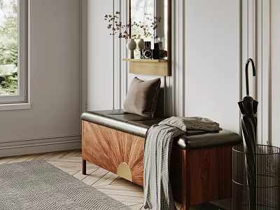 Wooden Frame Leather Cushion Bench With Throw Pillow And Rug In Entryway Interior 3d model