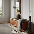 Wooden Frame Leather Cushion Bench With Throw Pillow And Rug In Entryway Interior