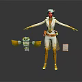 Game Movie Character In White Gold Outfit With Red Hair Hat And Mechanical Bird Companion