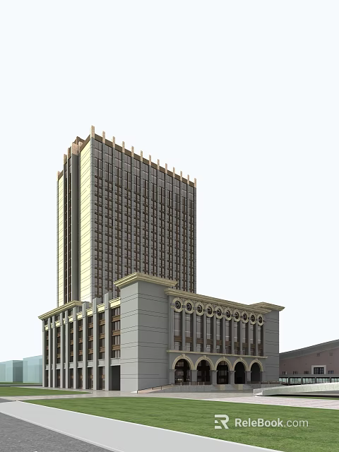Tall Modern Office Building With Classical Style Base Large Windows And Decorative Top 3d model 