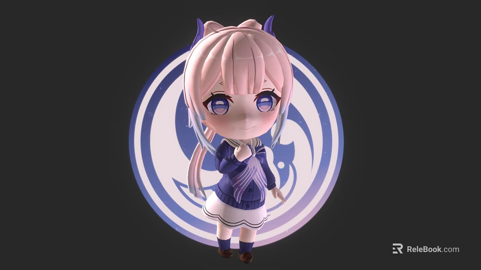 Cute Pink Haired Cat Ear Character With Blue Circle Dragon Creature Design Art 3d model 