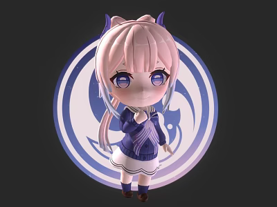 Cute Pink Haired Cat Ear Character With Blue Circle Dragon Creature Design Art 3d model