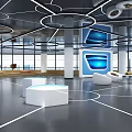 Modern Exhibition Hall With Blue Digital Screens White Seats And Circular Layout