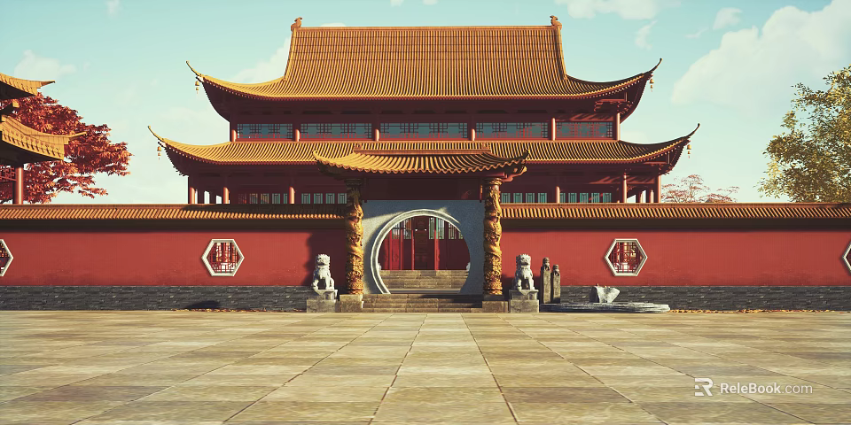 Ancient Chinese Architecture With Arched Gateway Red Walls Yellow Tiled Roof And Stone Lions 3d model 