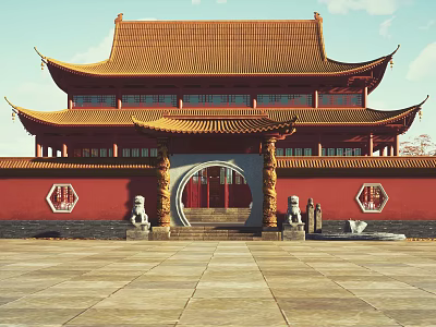 Ancient Chinese Architecture With Arched Gateway Red Walls Yellow Tiled Roof And Stone Lions 3d model