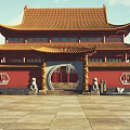 Ancient Chinese Architecture With Arched Gateway Red Walls Yellow Tiled Roof And Stone Lions