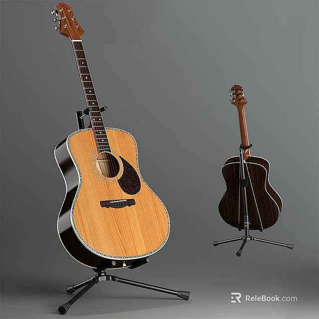 Acoustic Guitars As Musical Instruments With Natural And Dark Brown Finish On Stands 3d model 