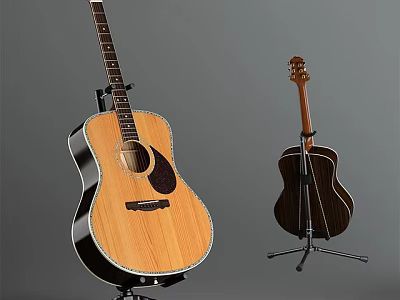 Acoustic Guitars As Musical Instruments With Natural And Dark Brown Finish On Stands 3d model