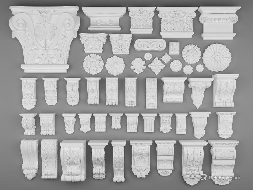 Various Styles Of Decorative Architectural Capitals Featuring Classical Ornamental Design Elements 3d model 