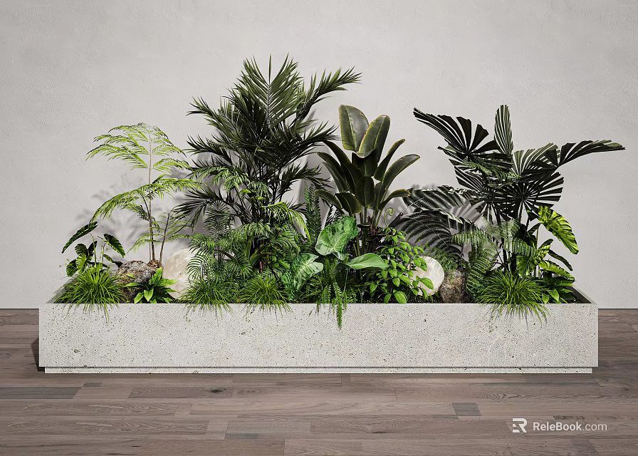 Lush Tropical Plant Combination With Diverse Green Foliage In Concrete Planter 3d model 