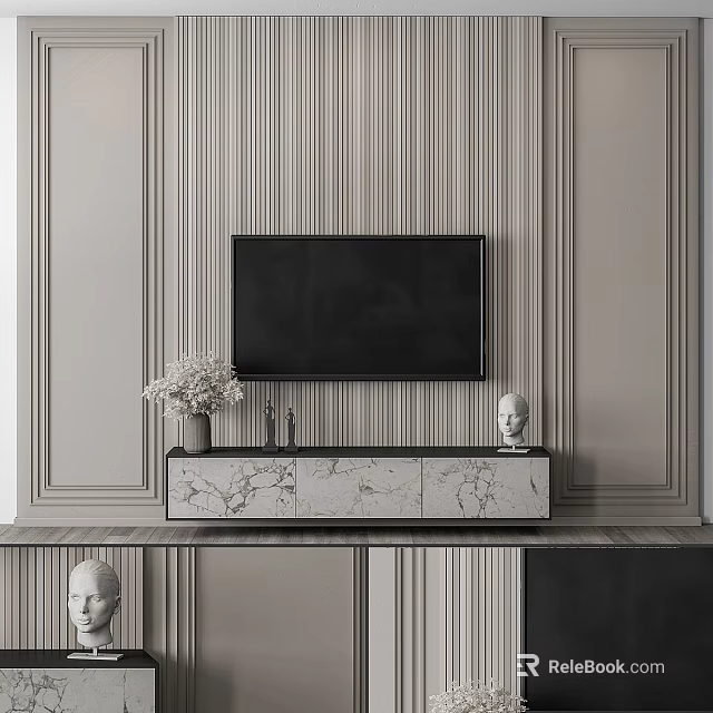 Elegant Modern TV Background Wall With Vertical Stripes Gypsum Lines Marble TV Stand Vase Sculpture 3d model 