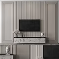 Elegant Modern TV Background Wall With Vertical Stripes Gypsum Lines Marble TV Stand Vase Sculpture