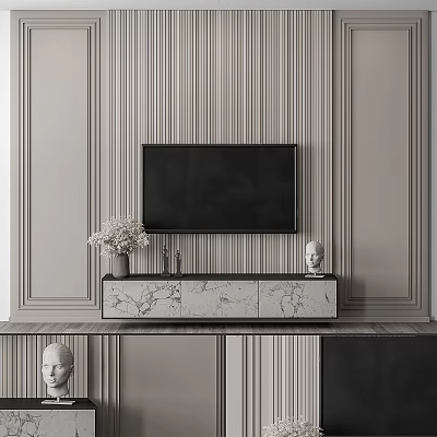 Elegant Modern TV Background Wall With Vertical Stripes Gypsum Lines Marble TV Stand Vase Sculpture 3d model