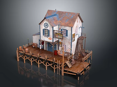 Vintage Cabin Structure With Rusted Roof Wooden Dock Staircase And Storefront Sign 3d model
