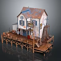 Vintage Cabin Structure With Rusted Roof Wooden Dock Staircase And Storefront Sign