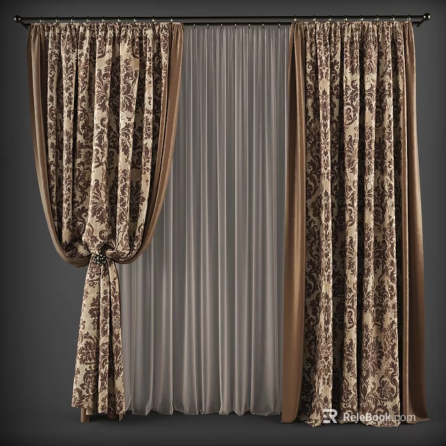 Elegant Brown Beige Floral Pattern Curtains With Sheer Layer And Tied Back Design 3d model 