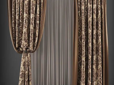 Elegant Brown Beige Floral Pattern Curtains With Sheer Layer And Tied Back Design 3d model