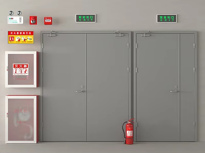 Fire Equipment Setup With Emergency Lights Fire Cabinets And Extinguisher 3d model