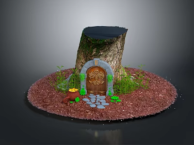 Tree Stump Building with Carved Door Stone Path Moss and Gold Coins 3d model