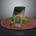 Tree Stump Building with Carved Door Stone Path Moss and Gold Coins