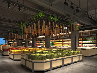 Bright Supermarket Interior With Fresh Produce Shelves And Organized Goods Displays 3d model