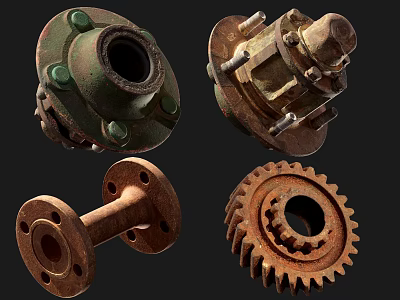 Rusty Industrial Mechanical Parts Including Flange Gear And Valve Components 3d model