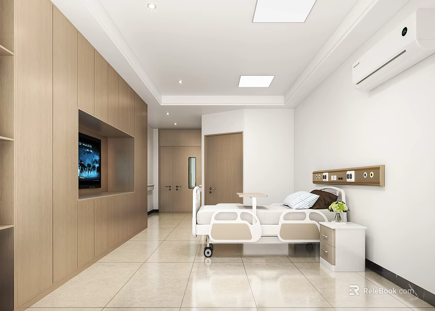 Hospital Outpatient Ward Interior Featuring Hospital Bed Bedside Table TV Wooden Cabinets And White Walls 3d model 
