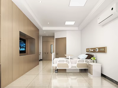 Hospital Outpatient Ward Interior Featuring Hospital Bed Bedside Table TV Wooden Cabinets And White Walls 3d model