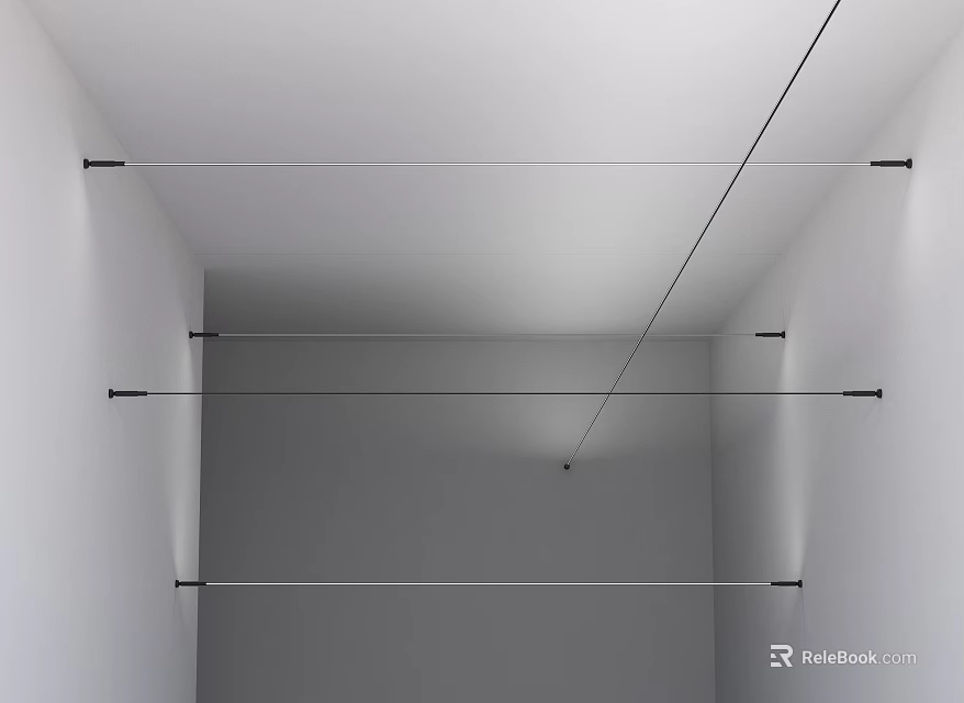 Minimalist White Gray Interior With Ceiling Mounted Metal Rods And Black Fixtures For Clothing Storage 3d model 