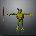 Ninja Turtle Character With Green Body Yellow Shell Purple Headband White Emblem And Orange Staff
