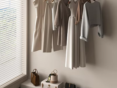 Chic Clothes Hanging on Wall in Minimalist Dressing Area with Bags 3d model