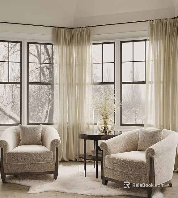 Casual Sofa Set With Two Armchairs Small Round Table Decorative Vase And Large Windows 3d model 