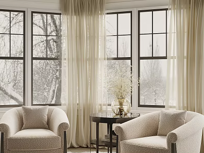 Casual Sofa Set With Two Armchairs Small Round Table Decorative Vase And Large Windows 3d model