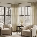 Casual Sofa Set With Two Armchairs Small Round Table Decorative Vase And Large Windows