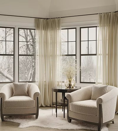 Casual Sofa Set With Two Armchairs Small Round Table Decorative Vase And Large Windows 3d model